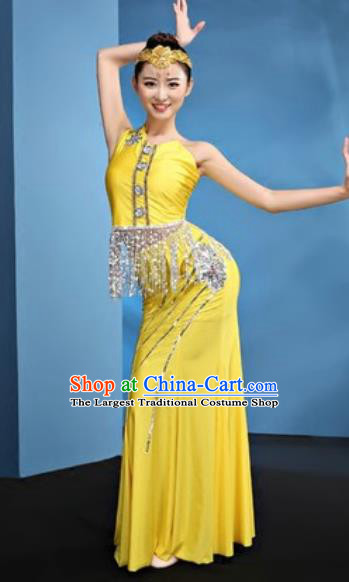 Chinese Traditional Ethnic Folk Dance Yellow Dress Dai Nationality Peacock Dance Costume for Women