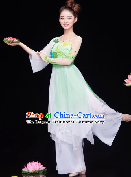 Chinese National Classical Dance Lotus Dance Dress Traditional Umbrella Dance Green Costume for Women