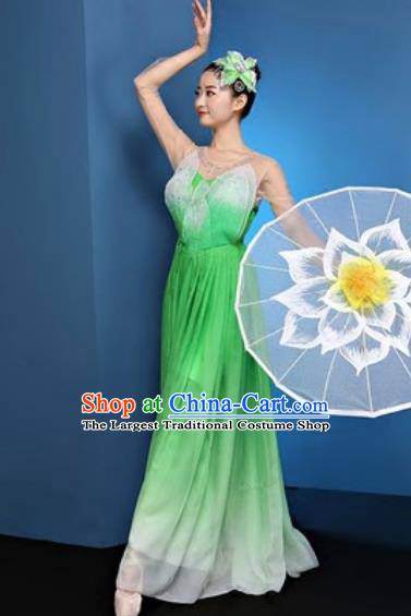 Chinese National Classical Dance Green Dress Traditional Lotus Dance Umbrella Dance Costume for Women