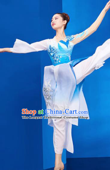Chinese National Umbrella Dance Blue Dress Traditional Classical Dance Costume for Women