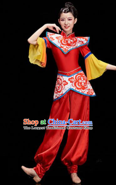 Chinese National Drum Dance Folk Dance Red Costume Traditional Yangko Dance Clothing for Women