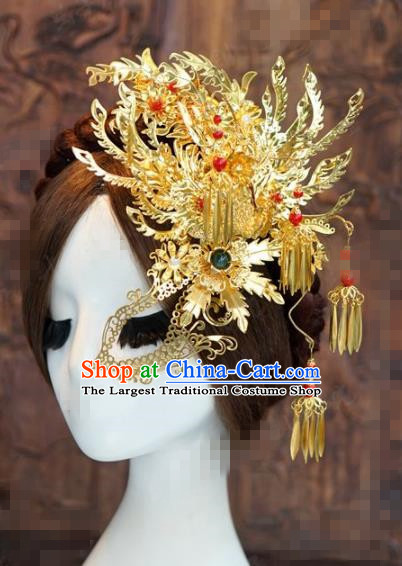 Chinese Traditional Handmade Hair Accessories Ancient Queen Golden Phoenix Hairpins Headwear for Women