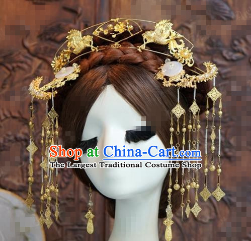 Chinese Traditional Handmade Golden Birds Phoenix Coronet Ancient Hairpins Hair Accessories Complete Set for Women