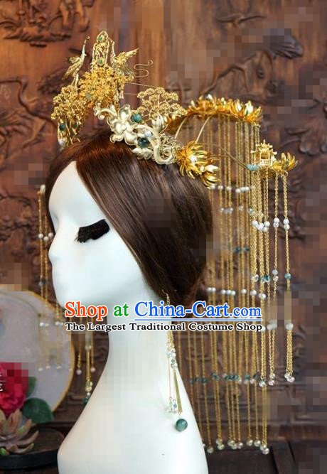 Chinese Traditional Handmade Golden Cranes Phoenix Coronet Ancient Hairpins Hair Accessories Complete Set for Women