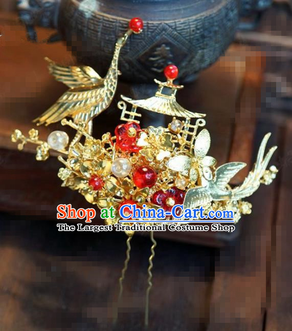 Chinese Traditional Hair Accessories Ancient Bride Golden Crane Hairpins Headwear for Women