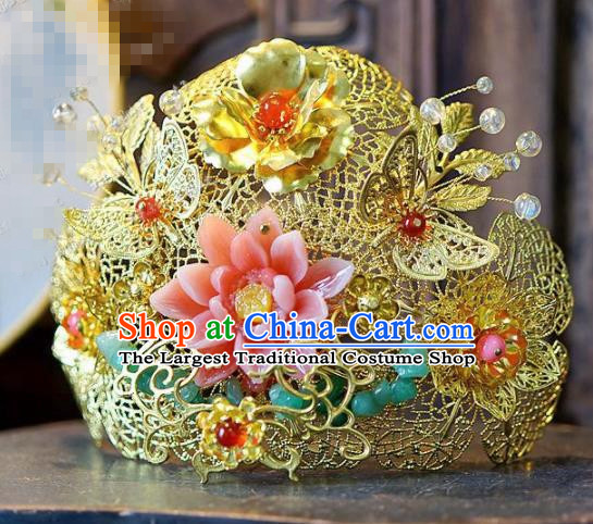 Chinese Traditional Handmade Pink Lotus Phoenix Coronet Ancient Hairpins Wedding Hair Accessories Complete Set for Women