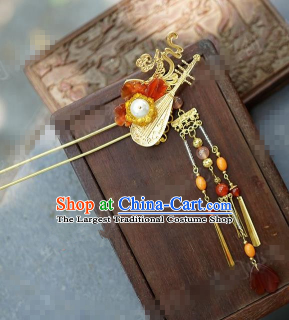 Chinese Traditional Palace Hair Accessories Ancient Golden Lute Hairpins Headwear for Women