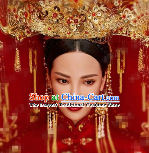 Chinese Traditional Handmade Luxury Golden Phoenix Coronet Ancient Wedding Hair Accessories Complete Set for Women