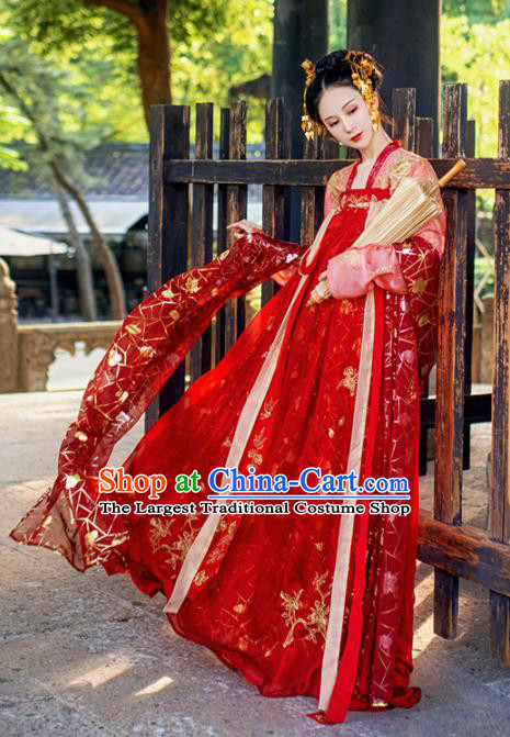 Chinese Traditional Tang Dynasty Wedding Embroidered Historical Costume Ancient Peri Princess Red Hanfu Dress for Women