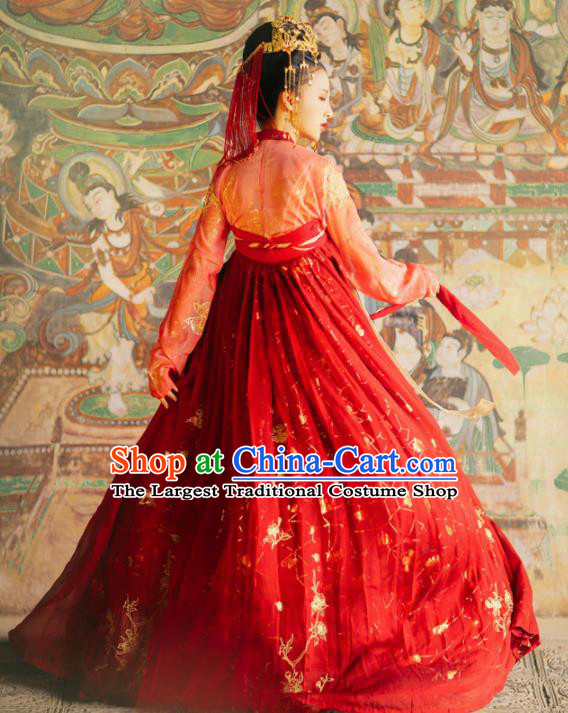 Chinese Traditional Tang Dynasty Wedding Embroidered Historical Costume Ancient Peri Princess Red Hanfu Dress for Women