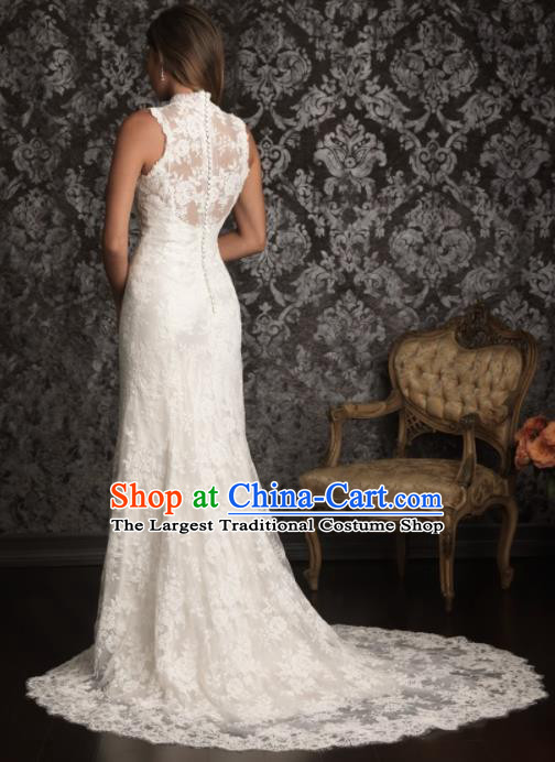 Professional Princess Embroidered White Lace Trailing Wedding Dress Modern Dance Compere Full Dress for Women