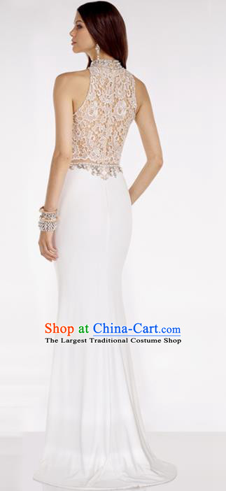 Top Grade White Lace Full Dress Compere Modern Fancywork Costume Princess Wedding Dress for Women