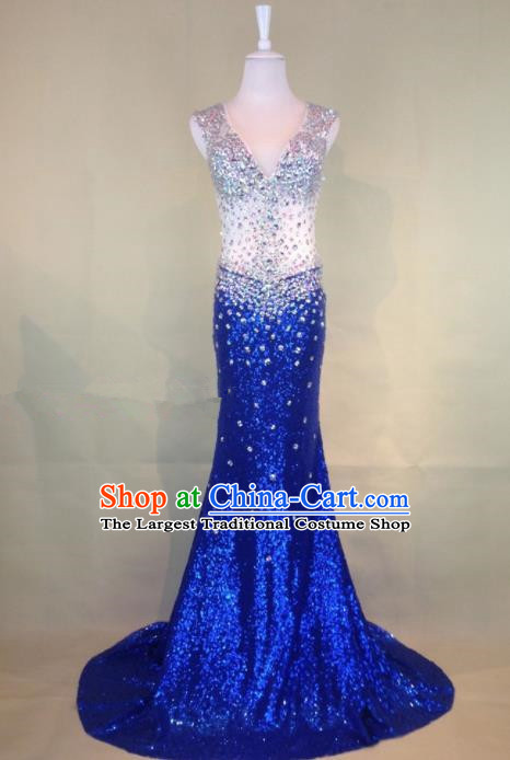 Professional Compere Royalblue Diamante Full Dress Modern Dance Princess Wedding Dress for Women