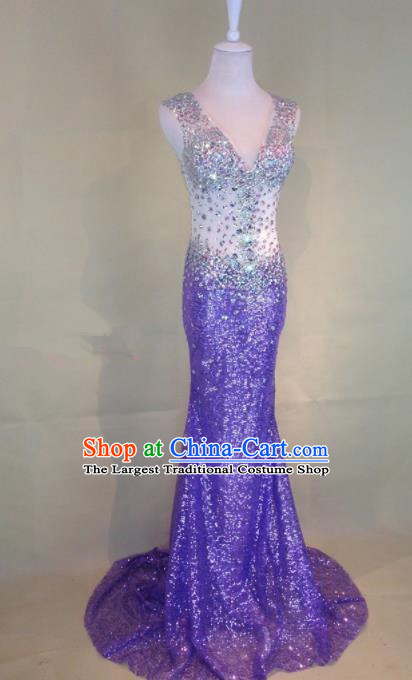 Professional Compere Purple Diamante Full Dress Modern Dance Princess Wedding Dress for Women