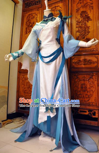 Chinese Traditional Cosplay Female Knight Princess Costume Ancient Peri Swordswoman Blue Dress for Women