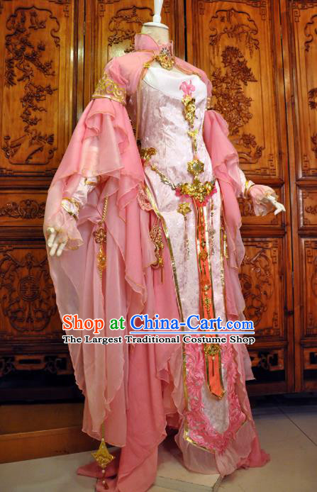 Chinese Traditional Cosplay Heroine Costume Ancient Swordswoman Female Knight Pink Dress for Women
