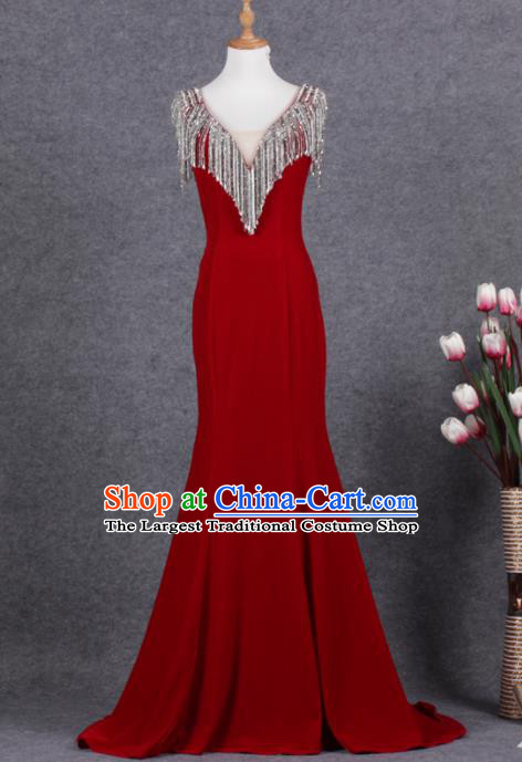 Professional Top Grade Wine Red Full Dress Modern Dance Compere Costume for Women