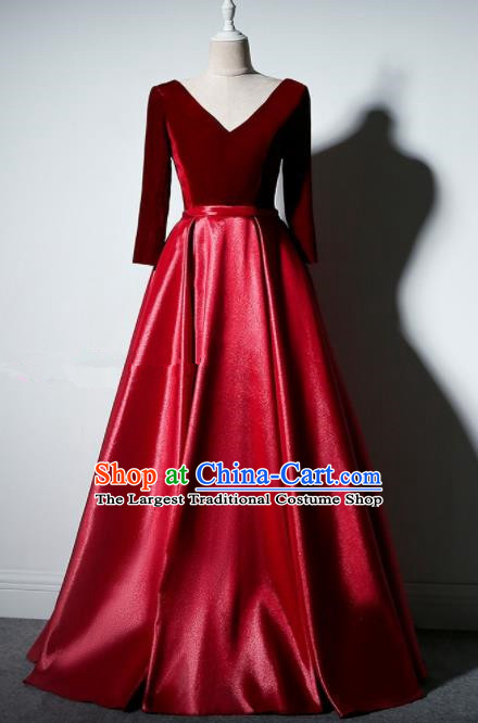 Professional Compere Costume Red Velvet Full Dress Modern Dance Princess Wedding Dress for Women