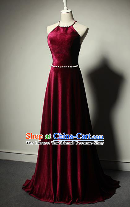 Top Grade Catwalks Wine Red Velvet Evening Dress Compere Modern Fancywork Costume for Women