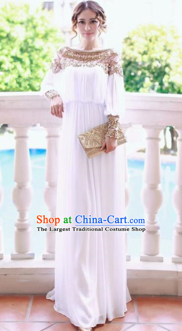 Top Grade Catwalks White Retro Evening Dress Compere Modern Fancywork Costume for Women