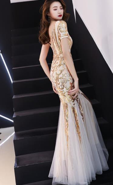 Top Grade Catwalks Diamante Champagne Veil Evening Dress Compere Modern Fancywork Costume for Women