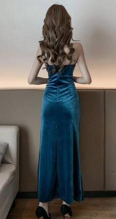 Top Grade Catwalks Peacock Blue Evening Dress Compere Modern Fancywork Costume for Women