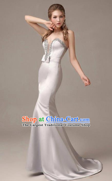 Professional Beige Satin Trailing Wedding Dress Princess Full Dress Modern Dance Costume for Women