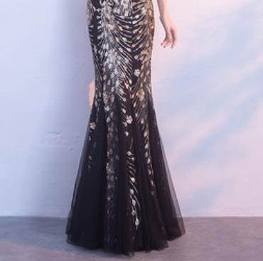 Top Grade Catwalks Black Veil Crystal Evening Dress Compere Modern Fancywork Costume for Women