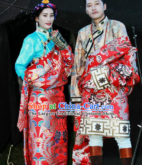 Chinese Traditional Tibetan Bride and Bridegroom Red Robes Zang Nationality Heishui Dance Ethnic Costumes for Women for Men