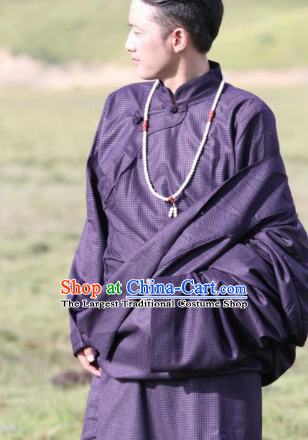 Chinese Traditional Tibetan Male Purple Robe Zang Nationality Heishui Dance Ethnic Costumes for Men