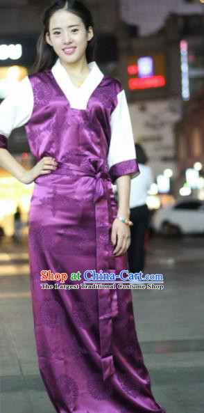 Chinese Traditional Tibetan Ethnic Purple Dress Zang Nationality Heishui Dance Costume for Women