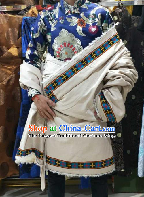 Chinese Traditional National White Tibetan Robe Zang Nationality Ethnic Folk Dance Costume for Men