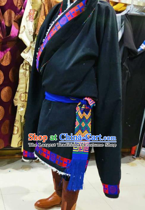 Chinese Traditional National Navy Tibetan Robe Zang Nationality Ethnic Folk Dance Costume for Men