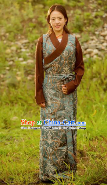 Chinese Traditional Tibetan Ethnic Female Green Dress Zang Nationality Heishui Dance Costume for Women