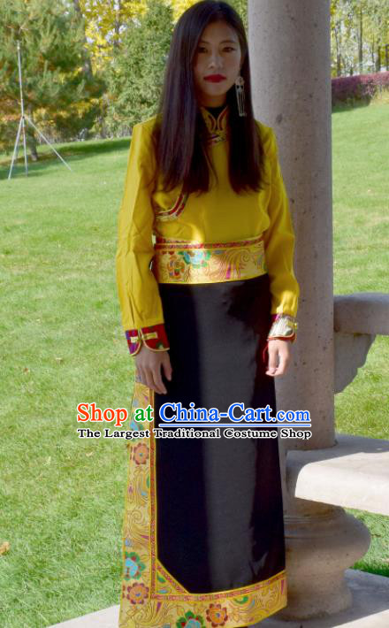 Chinese Traditional Tibetan National Ethnic Black Brocade Skirt Zang Nationality Costume for Women