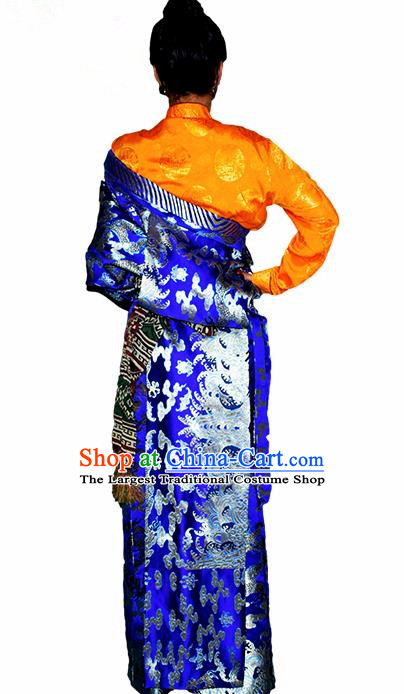 Chinese Traditional Tibetan National Ethnic Royalblue Brocade Robe Zang Nationality Costume for Women