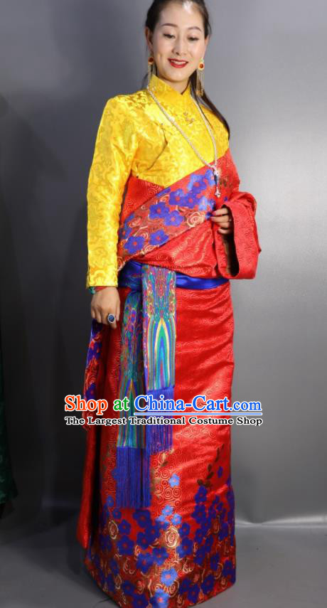 Chinese Traditional Tibetan National Ethnic Red Robe Zang Nationality Wedding Costume for Women