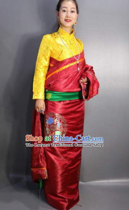 Chinese Traditional Tibetan National Ethnic Embroidered Red Robe Zang Nationality Wedding Costume for Women
