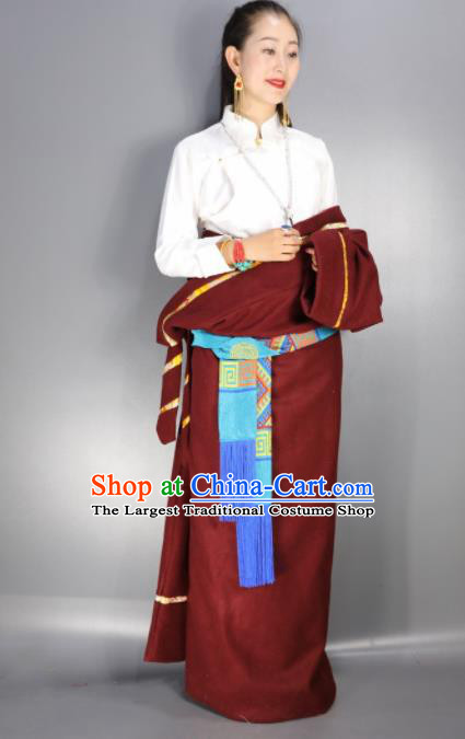 Chinese Traditional National Ethnic Wine Red Tibetan Robe Zang Nationality Folk Dance Costume for Women