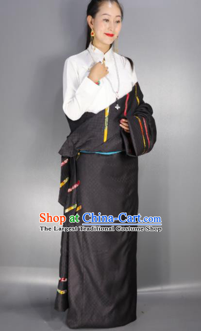 Chinese Traditional National Ethnic Black Tibetan Robe Zang Nationality Folk Dance Costume for Women