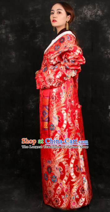Chinese Traditional Tibetan Ethnic Bride Red Robe Zang Nationality Heishui Dance Costume for Women