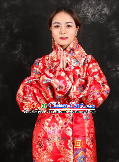 Chinese Traditional Tibetan Ethnic Bride Red Robe Zang Nationality Heishui Dance Costume for Women