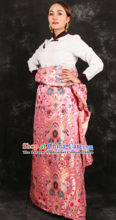 Chinese Traditional Tibetan Ethnic Bride Pink Brocade Robe Zang Nationality Heishui Dance Costume for Women