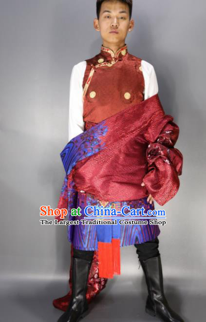 Chinese Traditional National Ethnic Wine Red Tibetan Robe Zang Nationality Folk Dance Costumes for Men