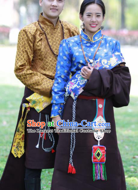 Chinese Traditional Tibetan Bride and Bridegroom Brown Robes Zang Nationality Heishui Dance Ethnic Costumes for Women for Men