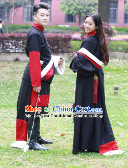 Chinese Traditional Tibetan Bride and Bridegroom Black Robes Zang Nationality Heishui Dance Ethnic Costumes for Women for Men