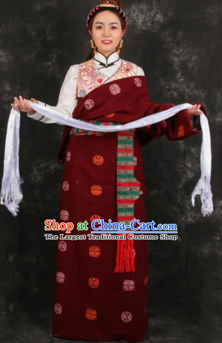 Chinese Traditional Tibetan Ethnic Bride Purplish Red Robe Zang Nationality Heishui Dance Costume for Women