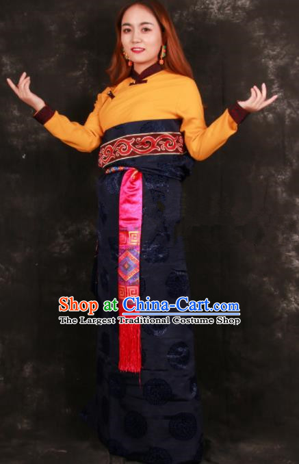 Chinese Traditional Tibetan Ethnic Bride Navy Brocade Robe Zang Nationality Heishui Dance Costume for Women