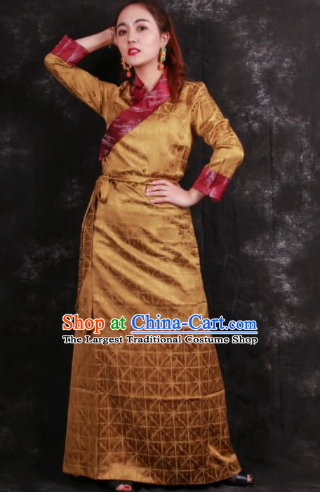 Chinese Traditional Tibetan Ethnic Golden Brocade Dress Zang Nationality Heishui Dance Costume for Women