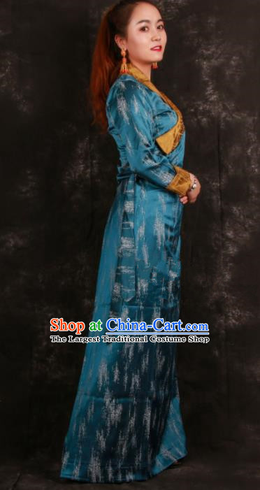 Chinese Traditional Ethnic Blue Brocade Tibetan Dress Zang Nationality Heishui Dance Costume for Women